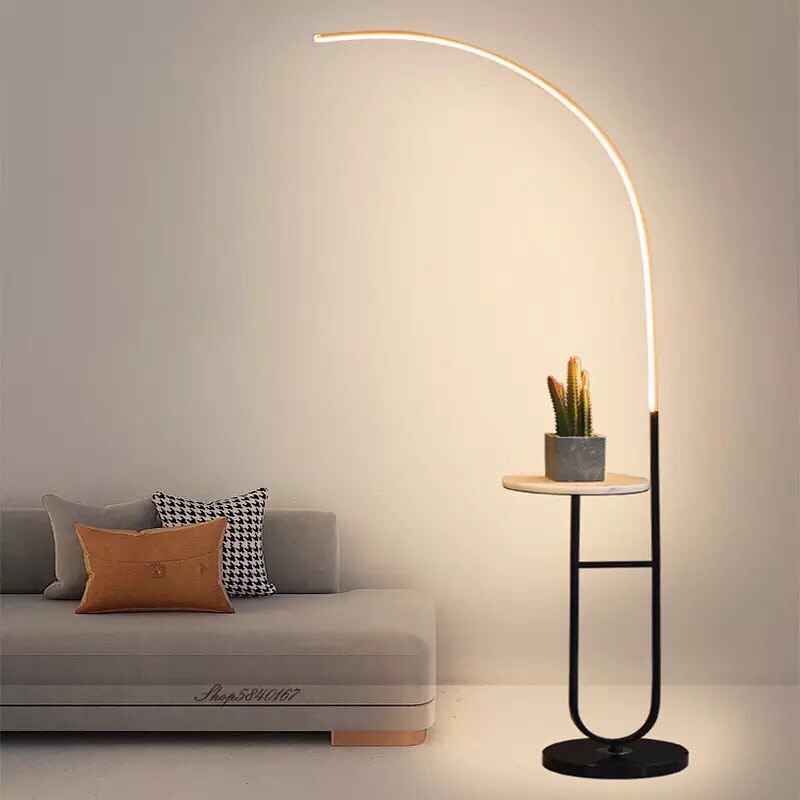 Curved LED floor lamp marble shelf, marble base