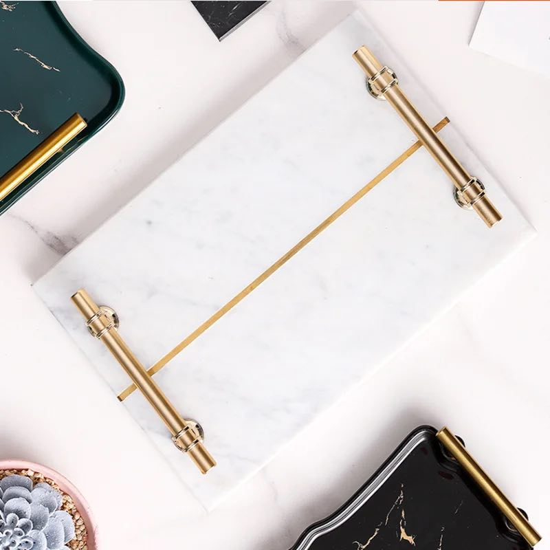 Gold line rectangular marble tray